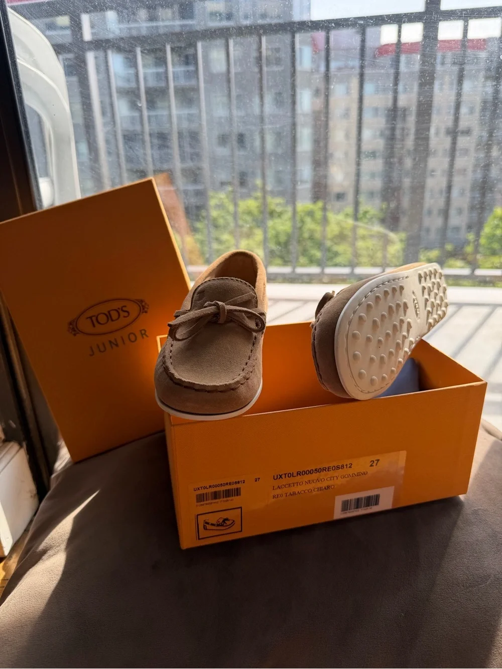 TOD'S Junior Beige Suede Kids Moccasins with Bow